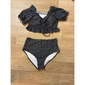 Floral High Waisted Bikini Set Black White Ruffle Puff Sleeve Swimsuit 0XL